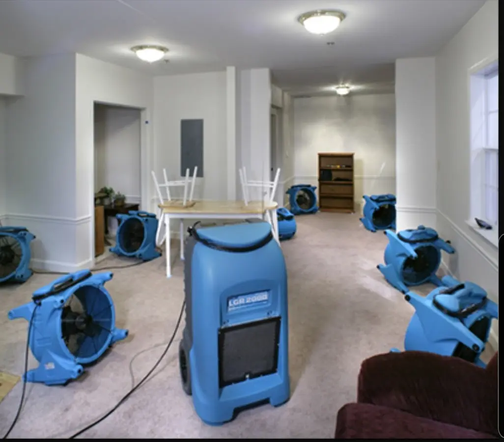 Air movers and dehumidifier setup for Water Extraction & Removal in Hopkinton